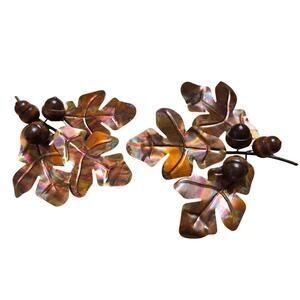 Vtg Set 2 Brass Copper Wall Decor Metal Art Oak Leaves with Wood Acorns HOMCO